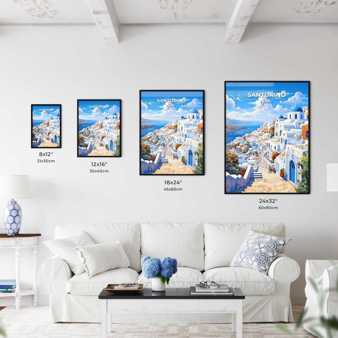 Santorino Greece Blue Domes White Village Cliffside Travel Poster - Image 3