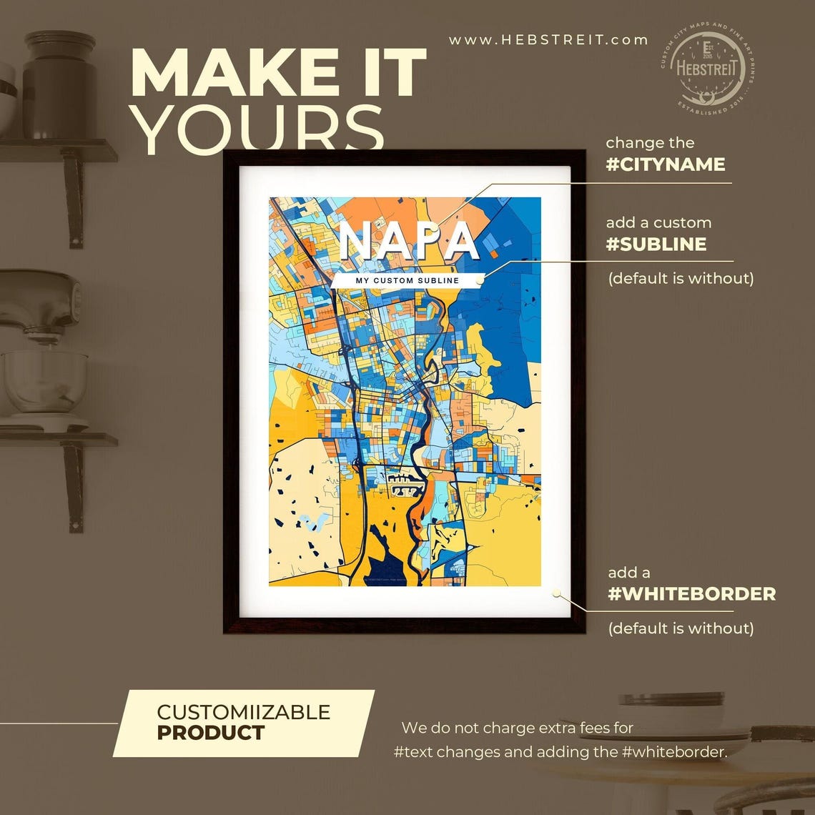 Napa California Bright Bold Blue and Orange City Map Decor Poster - Image 2