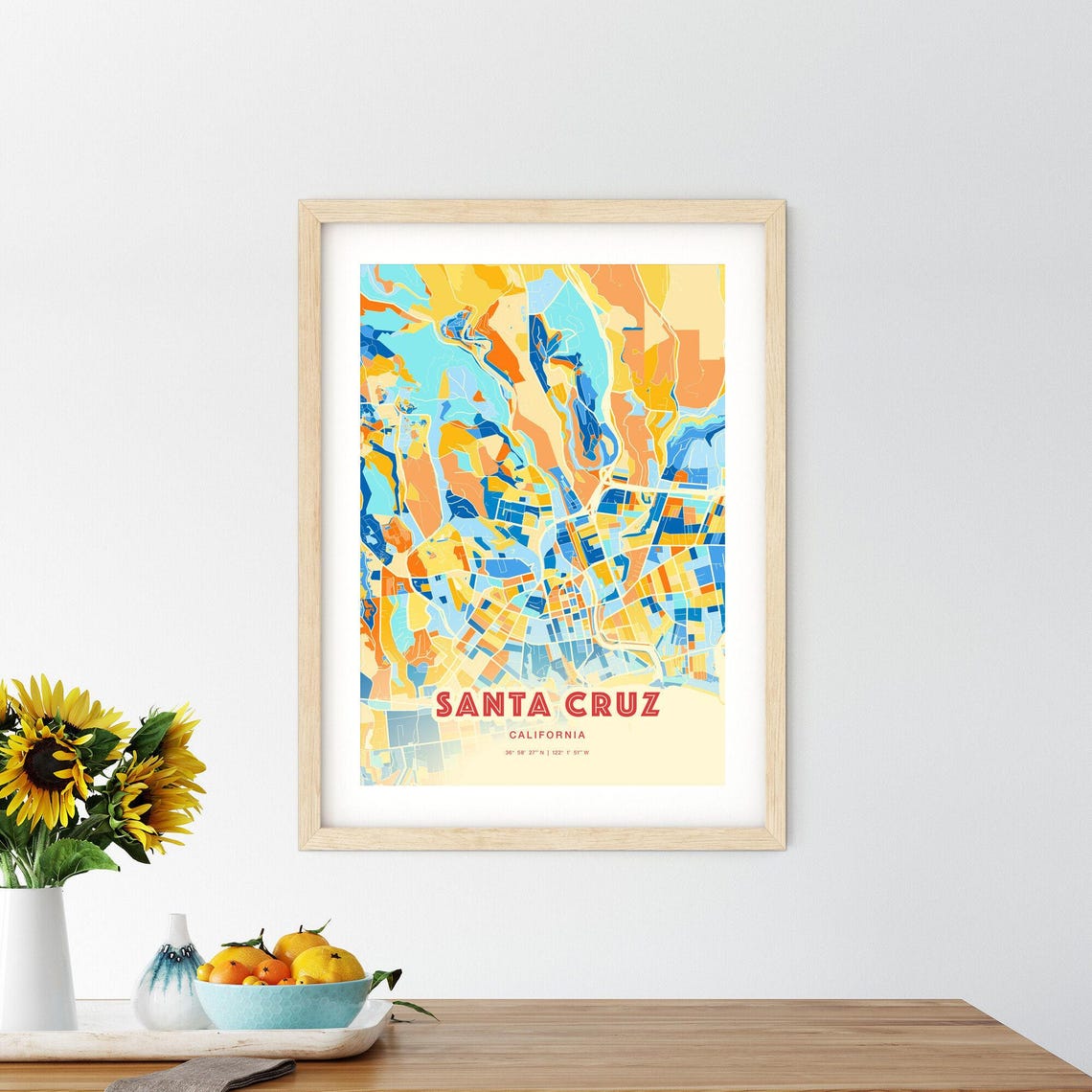 Santa Cruz California Blue Orange City Map Art Home Decor Poster - Image 2