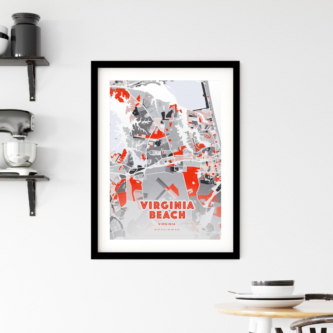 Virginia Beach Virginia Modern Red Gray Expressive City Map Poster Customizable - Image 2