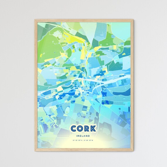 Cork Ireland Stylish Custom Blue Green City Map Poster Decor