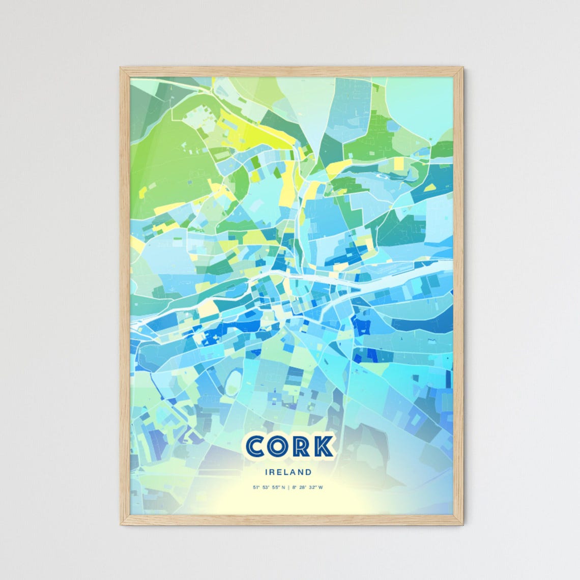 Cork Ireland Stylish Custom Blue Green City Map Poster Decor