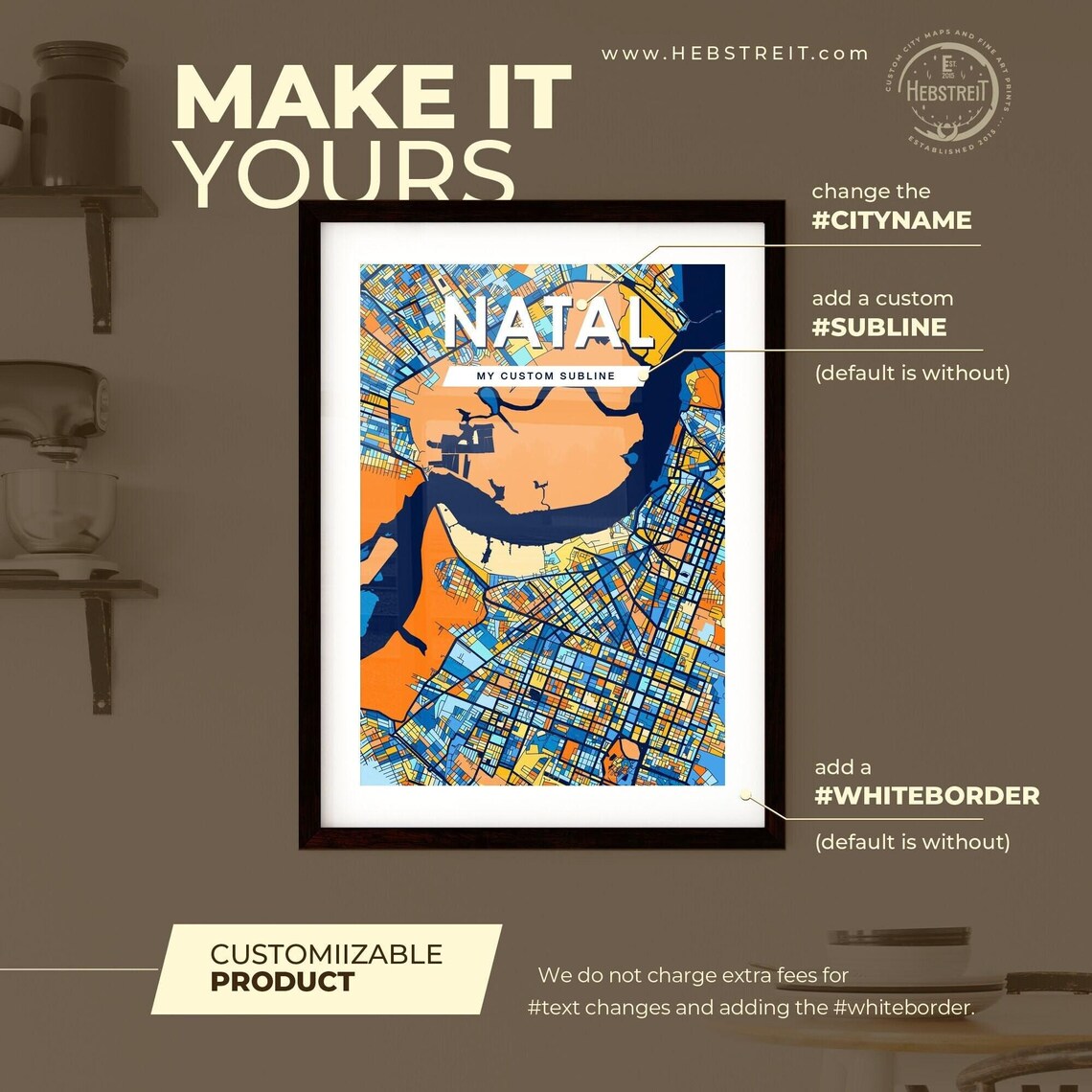 Natal Brazil Stylish Vibrant Blue and Orange Mosaic City Map Poster - Image 2