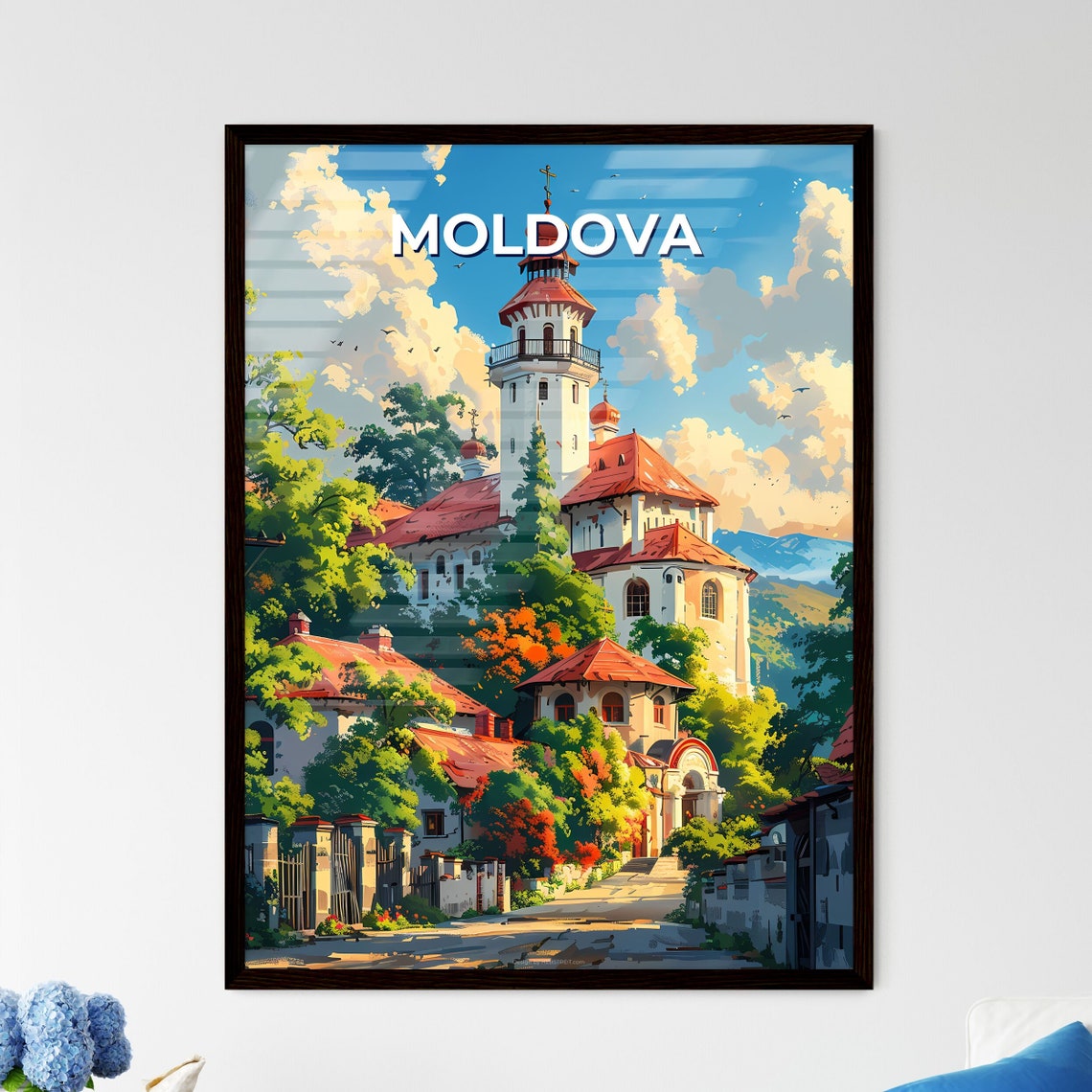 Moldova Sunny White Monastery Village Red Roofs Bell Tower Poster