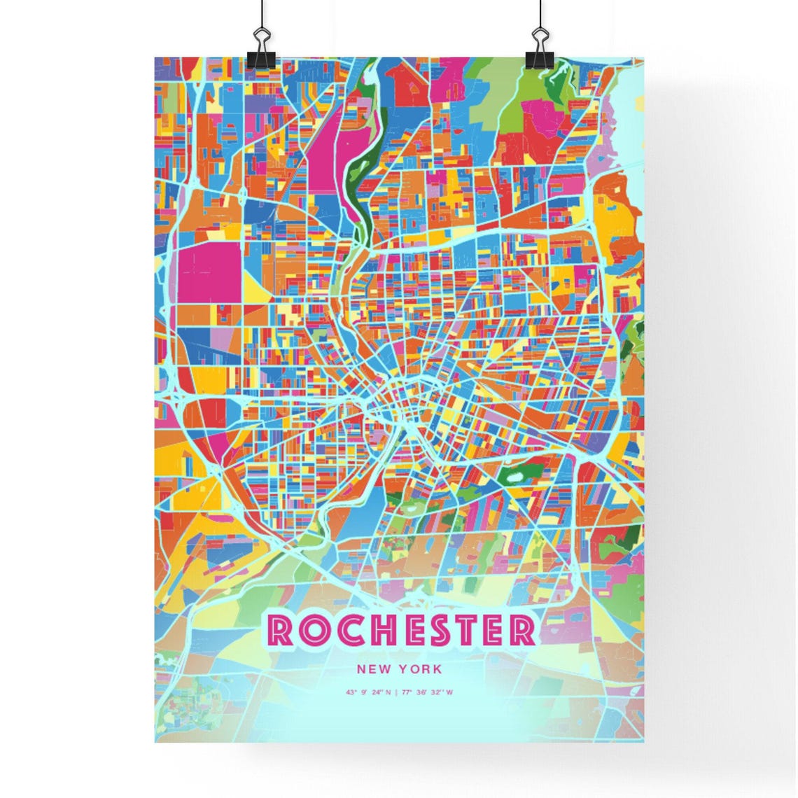 Rochester New York Crazy Colorful Mosaic City Map Art Poster - Image 3
