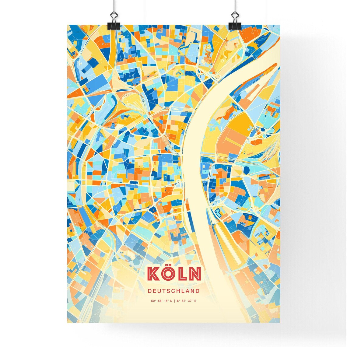 Koln Germany City Street Map Art Poster Rhine Blue Orange Decor - Image 3