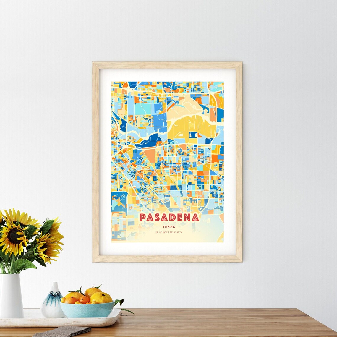 Pasadena Texas Colorful Vibrant Blue Orange City Map Art Poster - Image 2