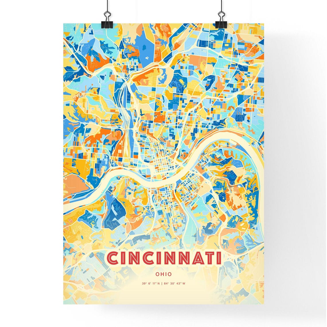 Cincinnati Ohio Vibrant Blue Orange City Map Art Poster Decor - Image 3