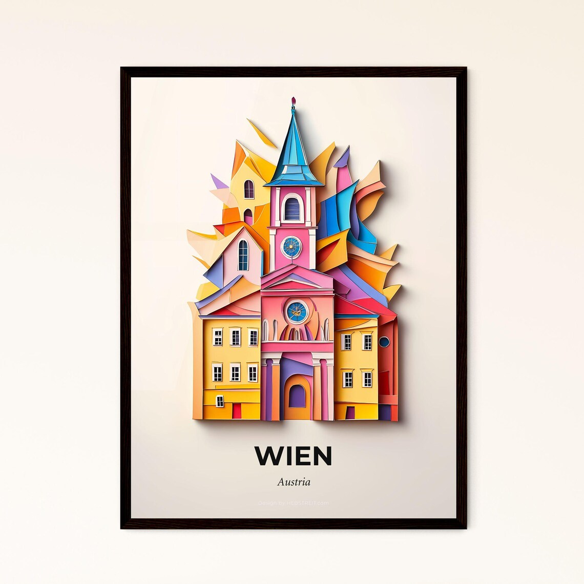 Wien Austria Pink Church Clock Tower Vivid Paper Cut Art Poster
