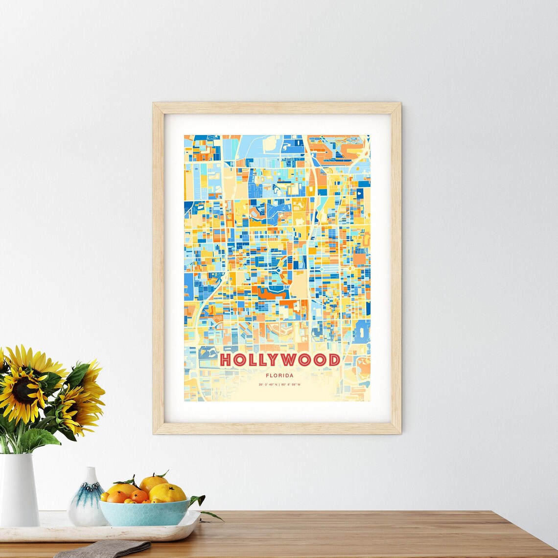 Hollywood Florida Modern Geometric Blue Orange City Map Art Poster - Image 2