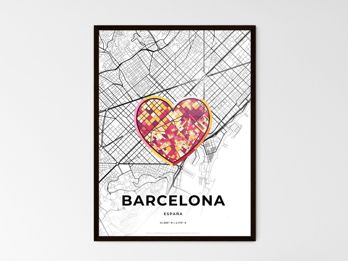 Barcelona Spain Romantic Minimalist Heart City Map Art Poster