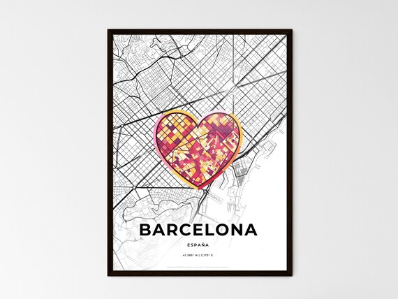 Barcelona Spain Romantic Minimalist Heart City Map Art Poster