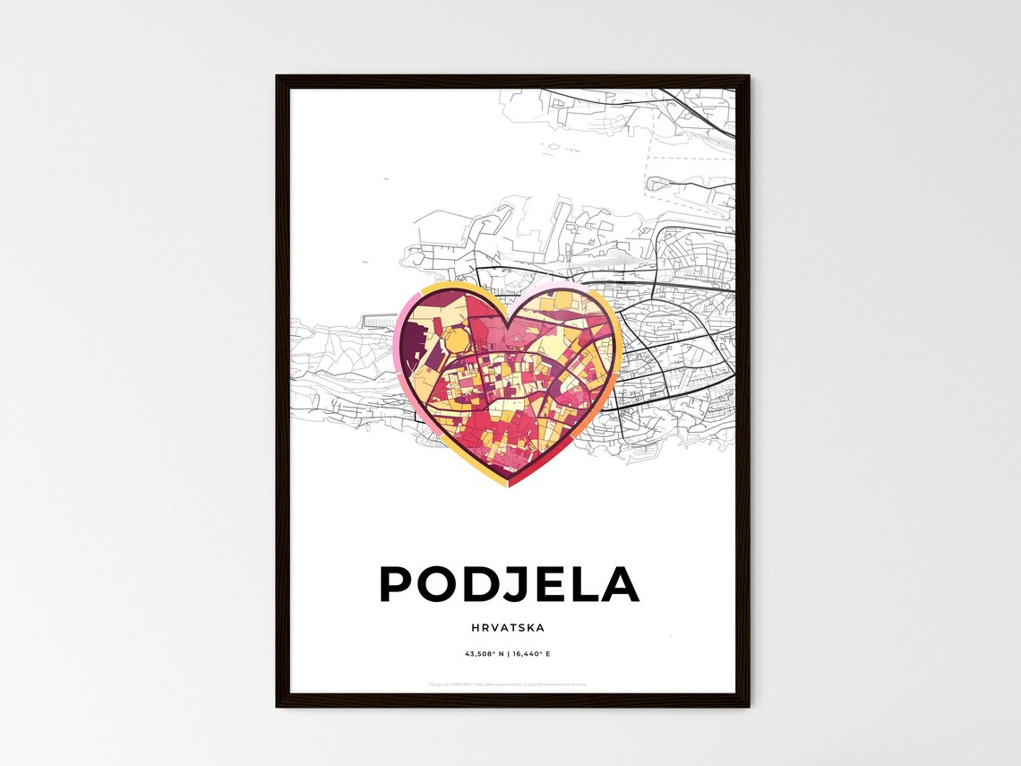 Podjela Croatia Modern Minimalist Heart Street Map Art Poster