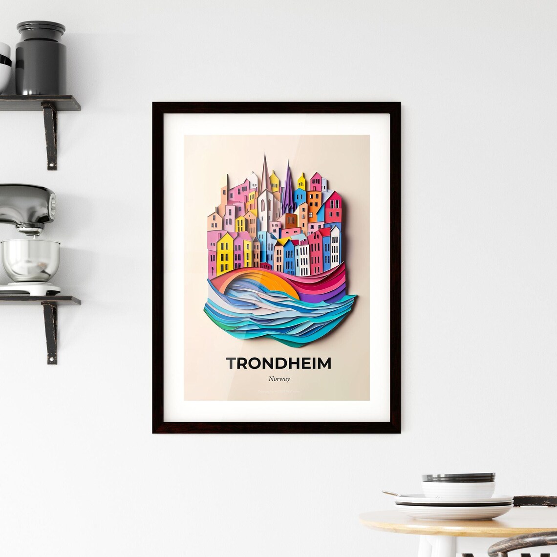 Trondheim Norway Harbor Houses Colorful Paper Cut Art Poster - Image 2