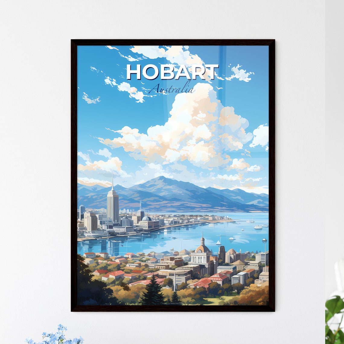 Hobart Australia Skyline Harbor Bay Mountain Waterfront Travel Poster