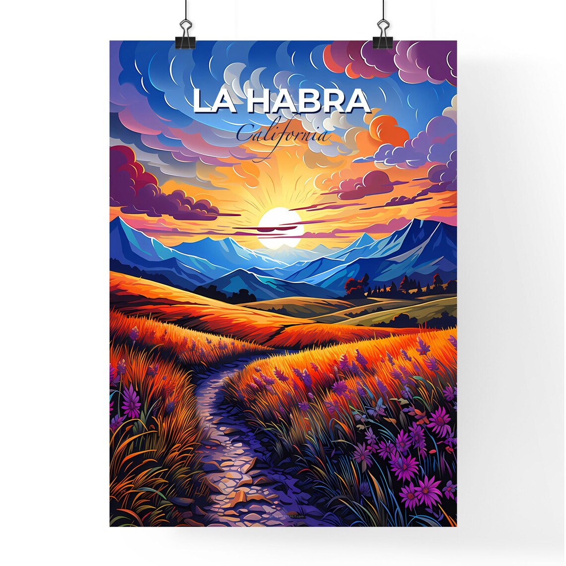 La Habra California Sunset Mountain Travel Poster Wildflower Art - Image 4
