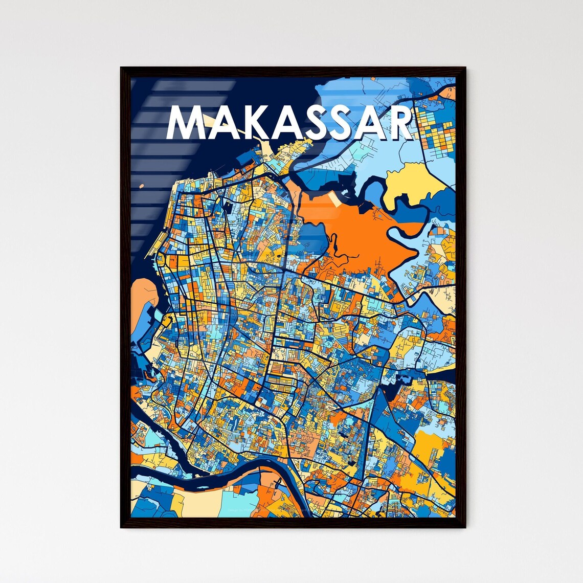 Makassar Indonesia Blue Orange City Map Poster Bold Modern Street Grid Art