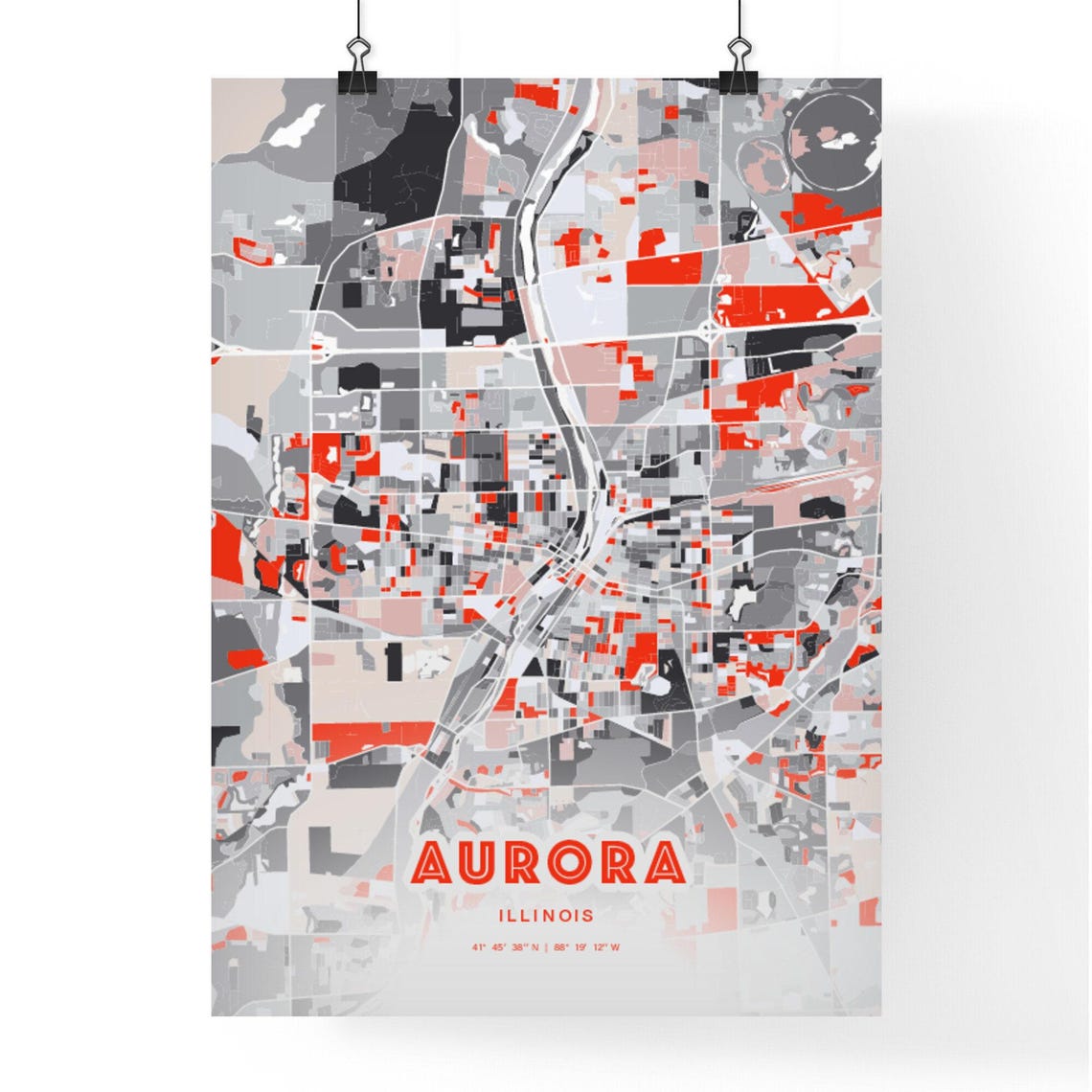 Aurora Illinois Modern Red Expressive City Map Poster with Coordinates - Image 3