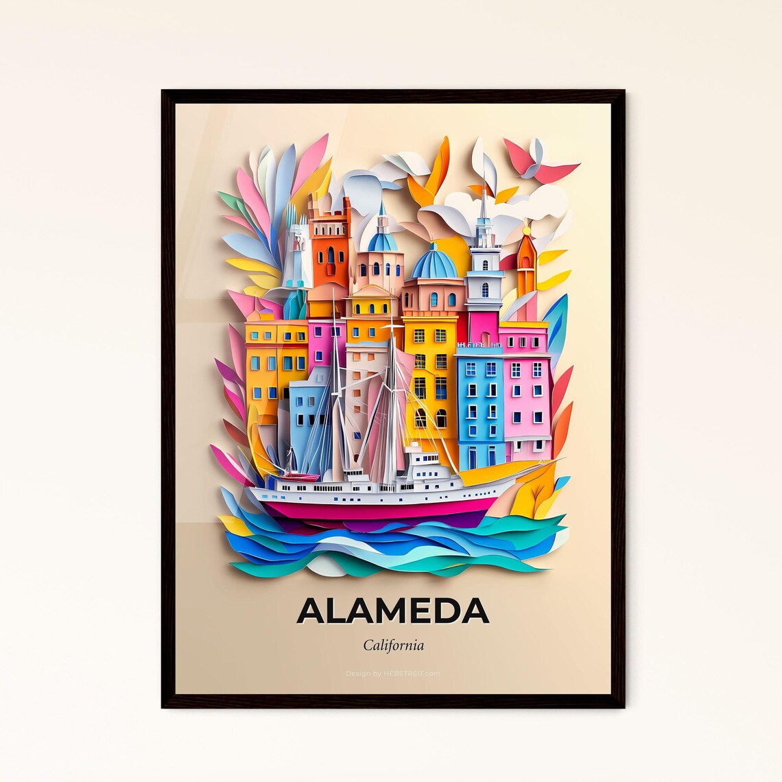 Alameda California Harbor Ship Colorful Paper Cut Art Poster
