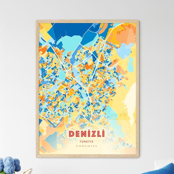 Denizli Turkey Colorful Blue Orange Abstract City Map Art Poster