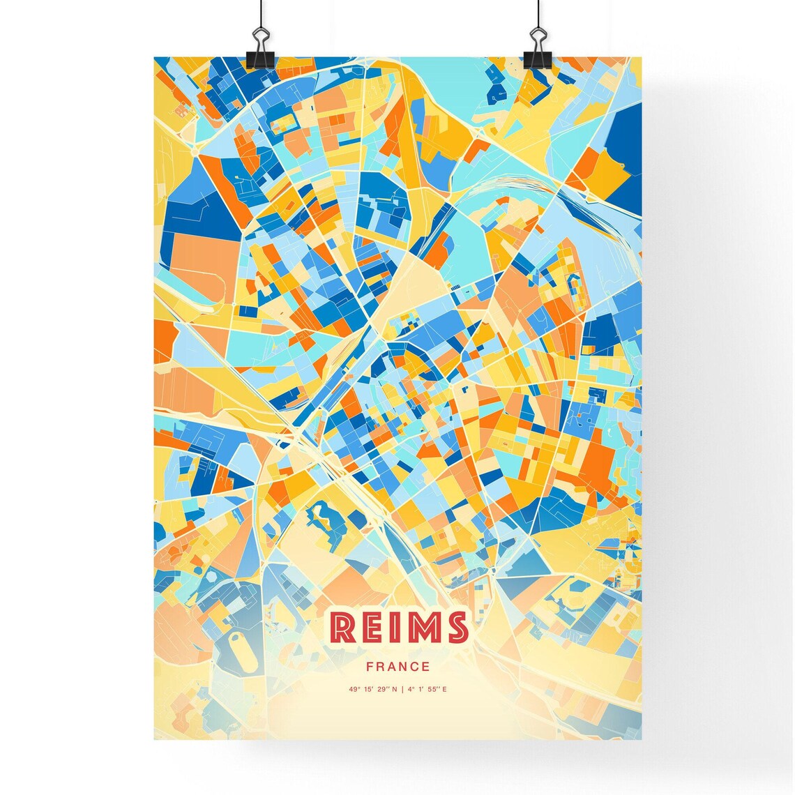 Reims France Colorful Blue Orange Champagne City Map Art Print - Image 3