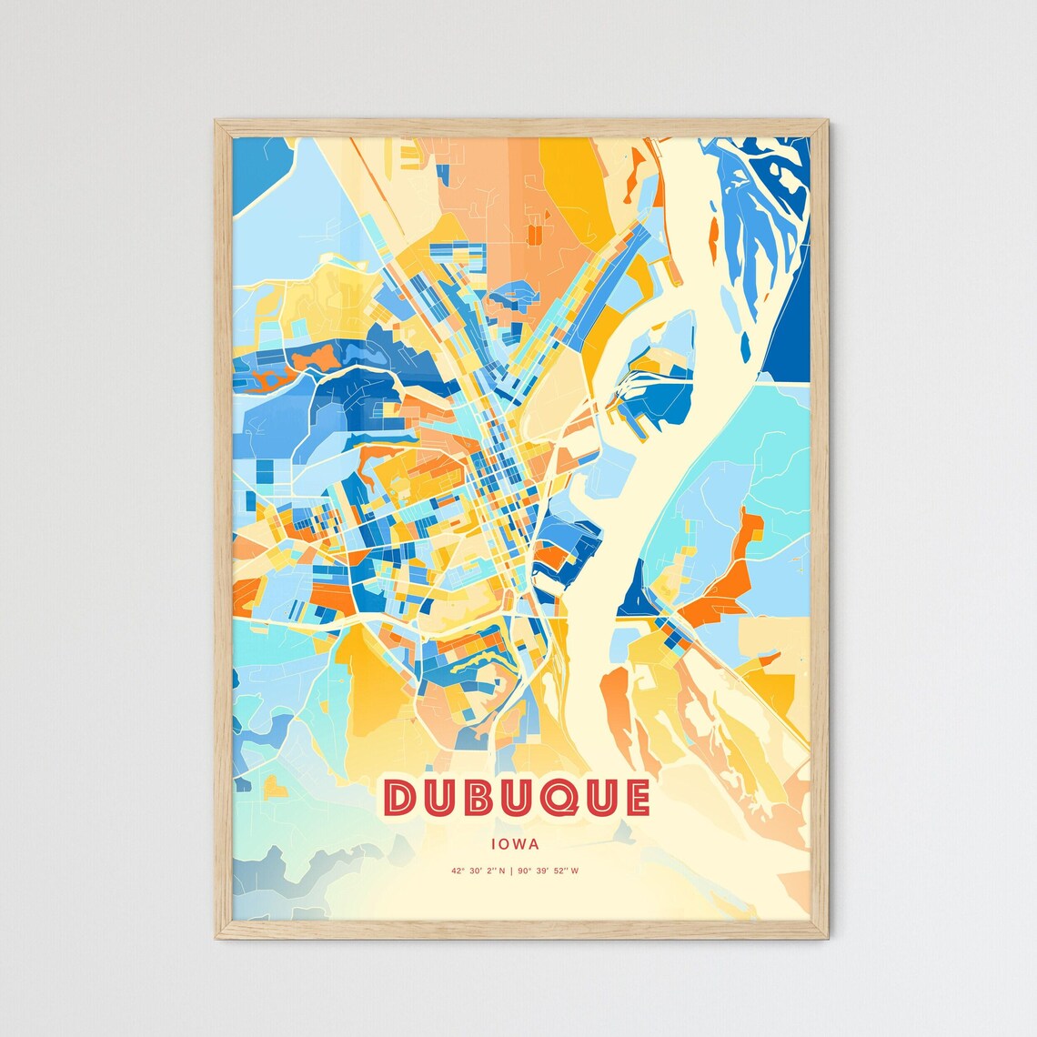 Dubuque Iowa Colorful Blue and Orange Retro City Street Map Wall Art - Image 3