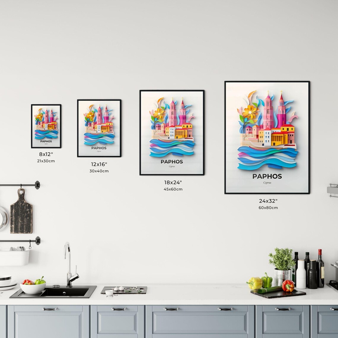 Paphos Cyprus Colorful Paper Cut Coastal Towers Travel Poster - Image 3