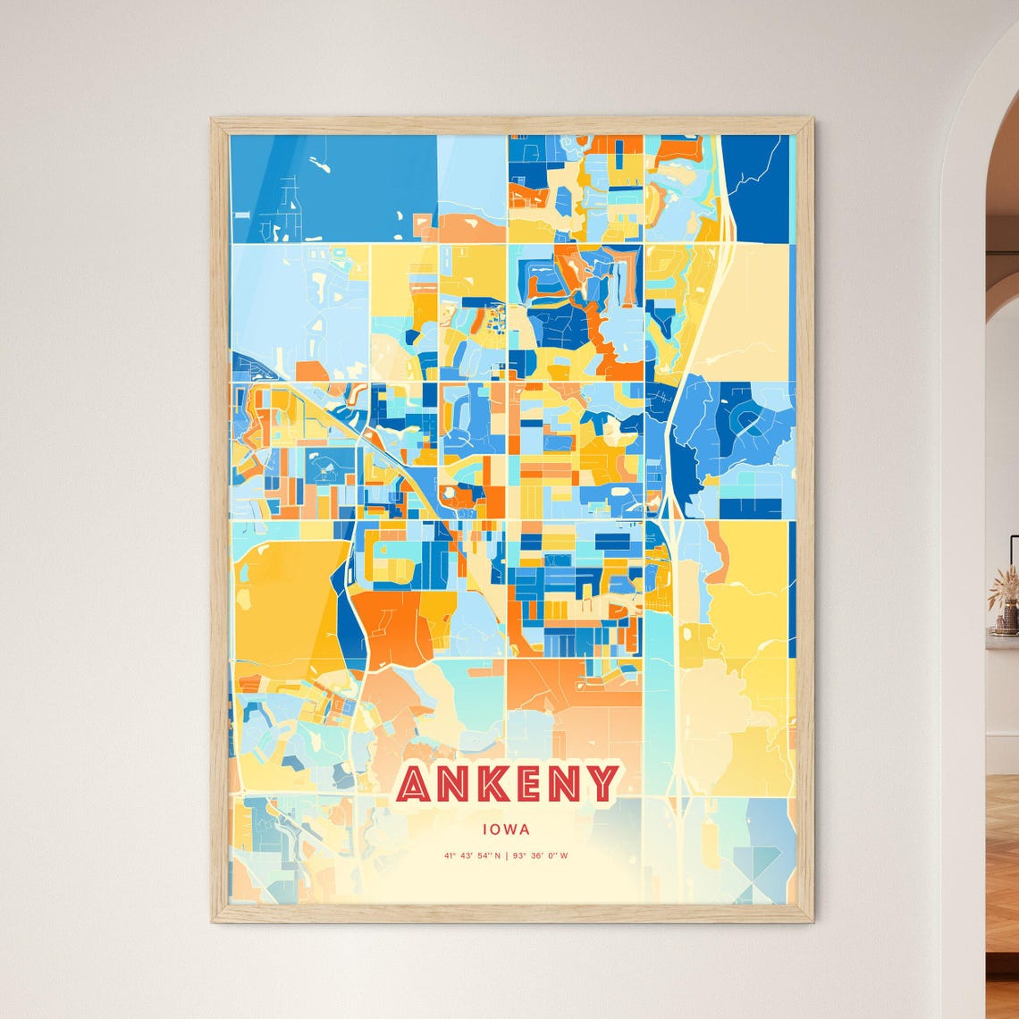 Ankeny Iowa Colorful Blue and Orange Retro City Street Map Wall Art - Image 3