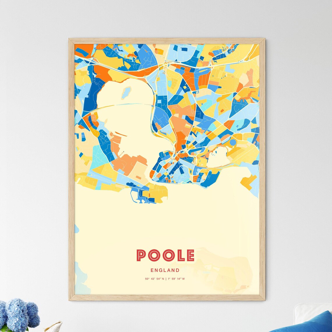 Poole England Colorful City Map Art Poster Blue And Orange Harbor Design