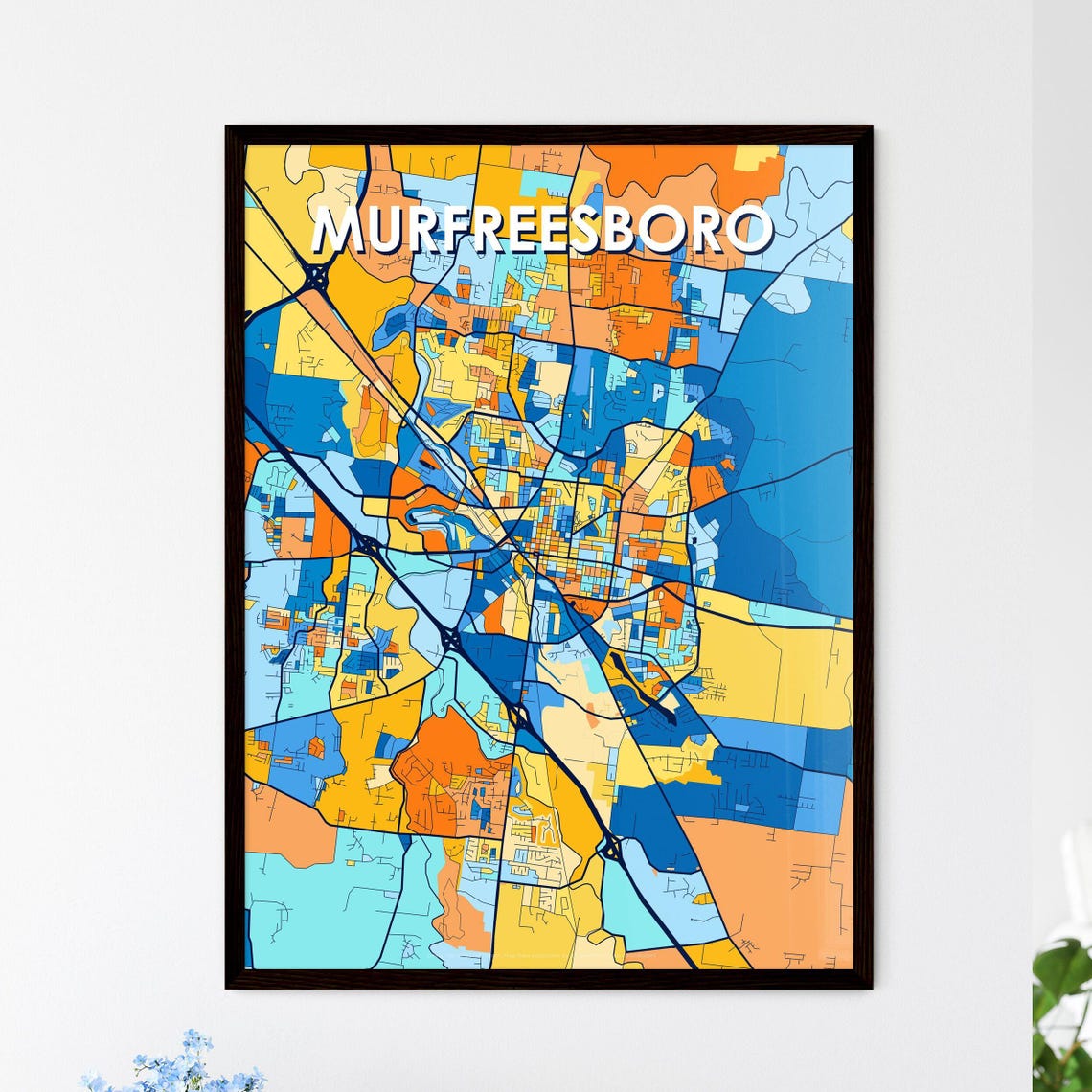 Murfreesboro Tennessee Bold Blue and Orange City Map Decor Poster