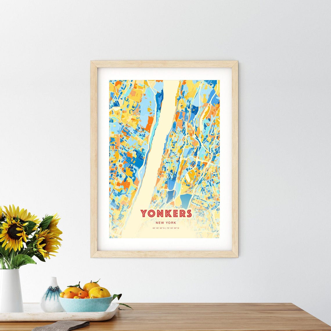Yonkers New York City Map Art Poster Blue Orange Coordinates - Image 2