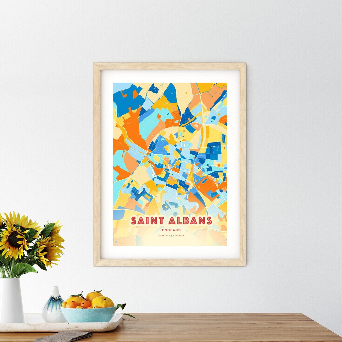 Saint Albans England Colorful Blue and Orange Retro City Street Map Wall Art - Image 2