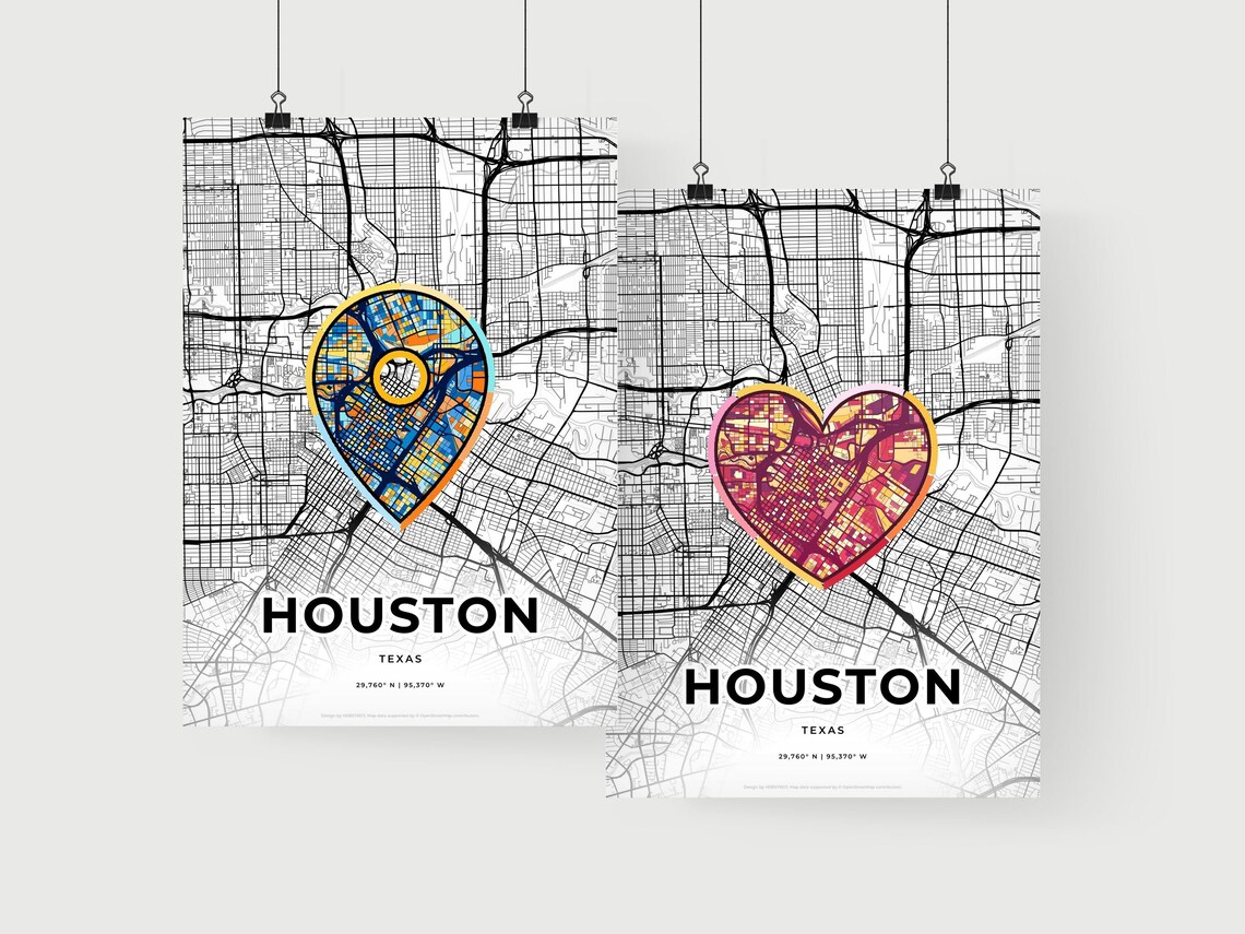 Houston Texas Minimal City Map Colorful Heart Icon Art Poster - Image 2