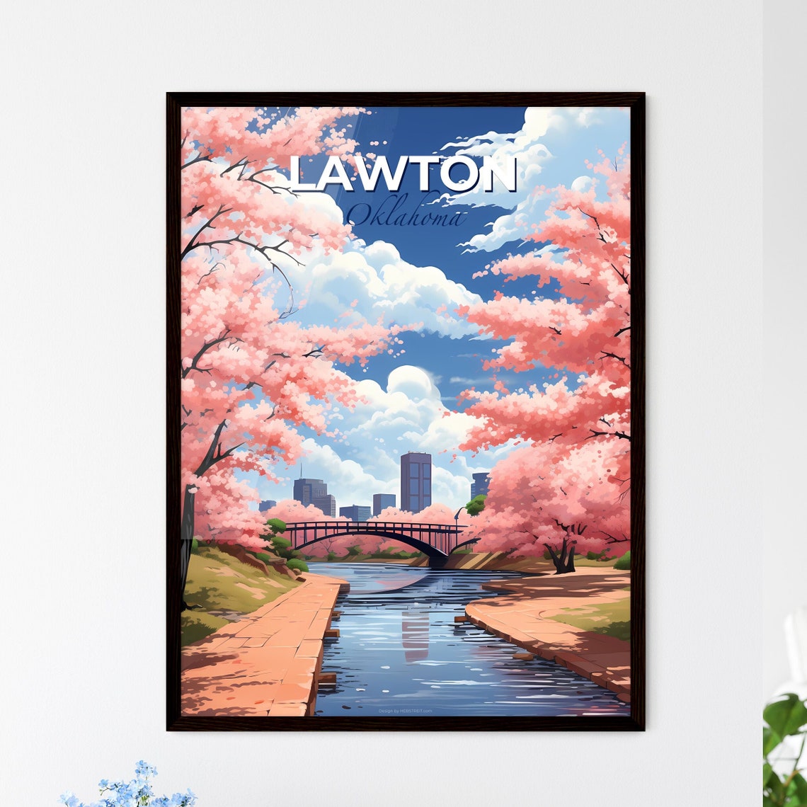 Lawton Oklahoma Cherry Blossom River Bridge Spring Travel Poster