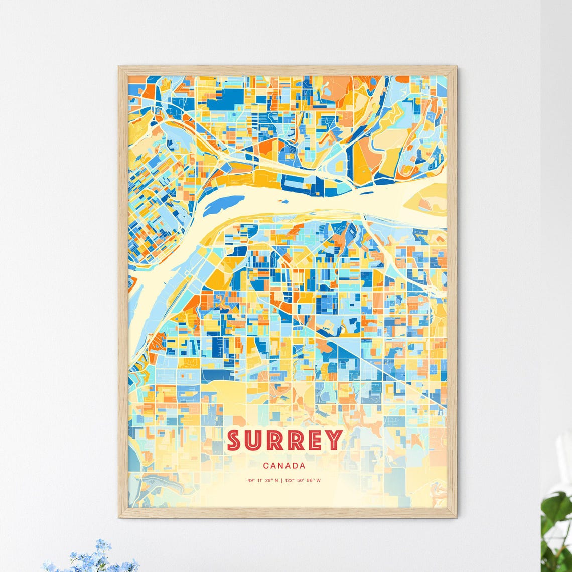 Surrey Canada Colorful Blue Orange City Street Map Coordinates Poster