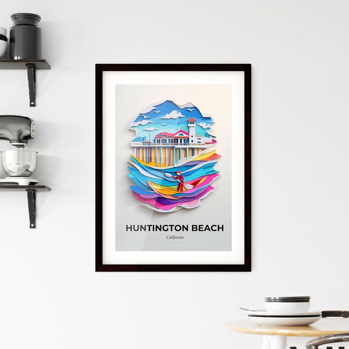 Huntington Beach California Colorful Paper Cut Pier Surf Poster - Image 2