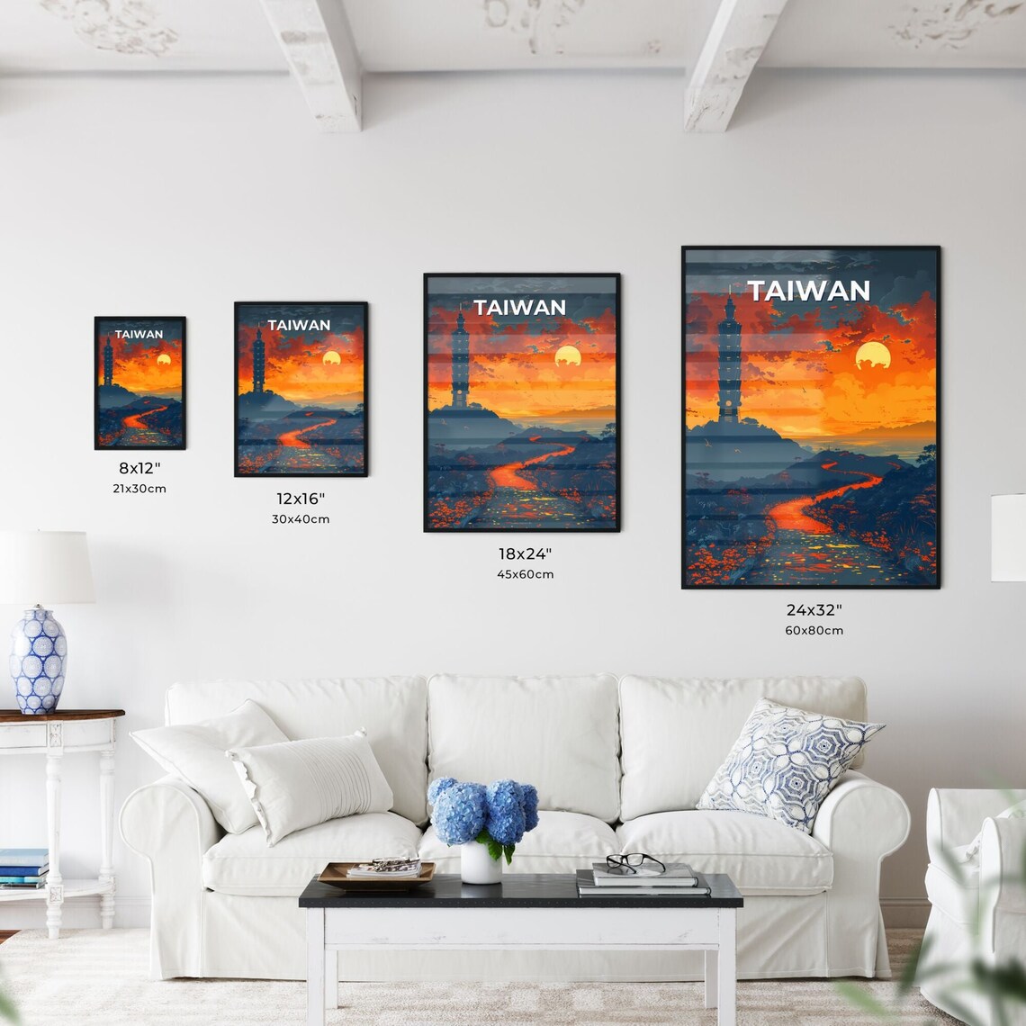 Taiwan Taipei 101 Tower Sunset River Fiery Sky Vintage Travel Poster - Image 3