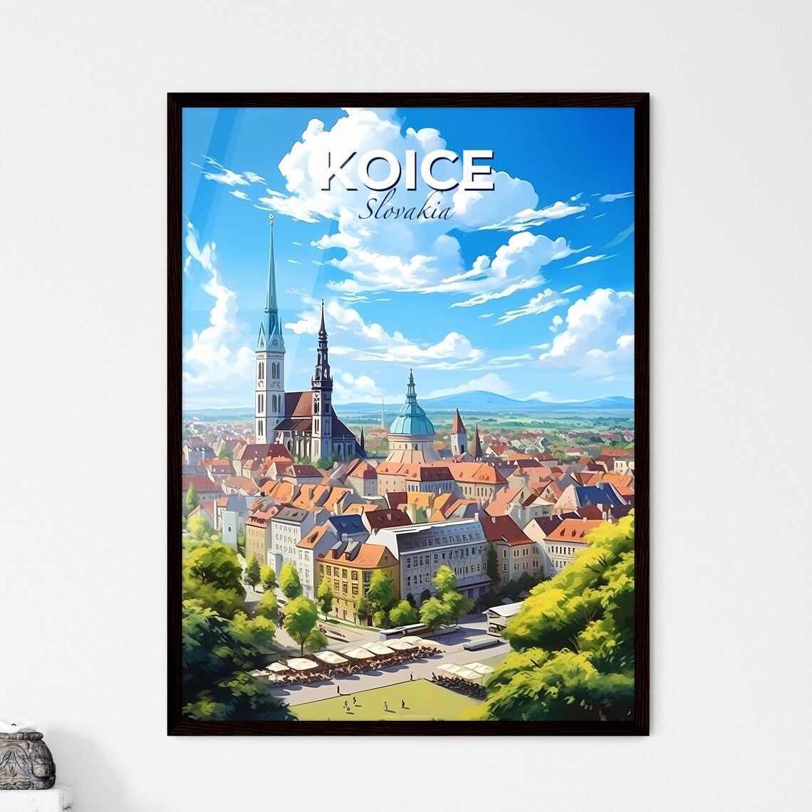Koice Slovakia Skyline Travel Poster Cathedral Spire Red Rooftop City View
