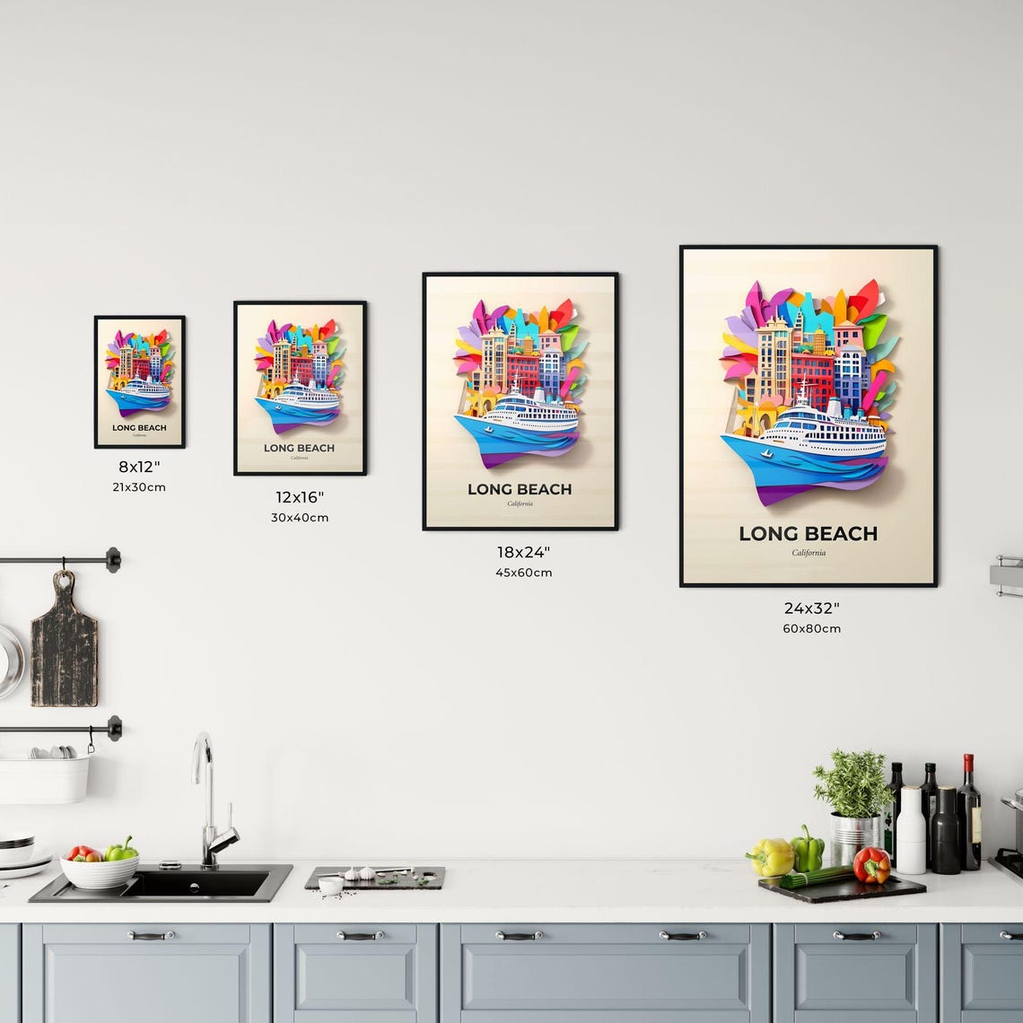 Long Beach California Cruise Ship Papercut Travel Scene Poster - Image 3