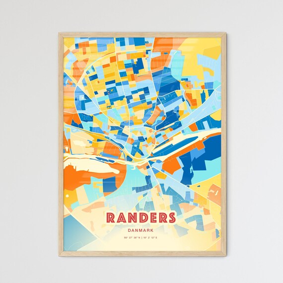 Randers Denmark Vibrant City Map Poster Blue Orange Scandinavian Wall Decor