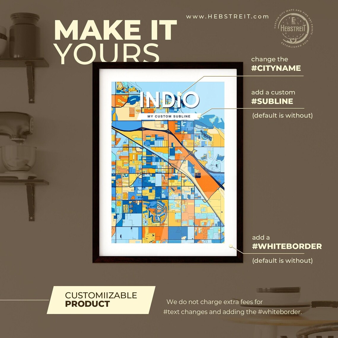 Indio California Vibrant Blue Orange Mosaic City Street Map Poster - Image 2