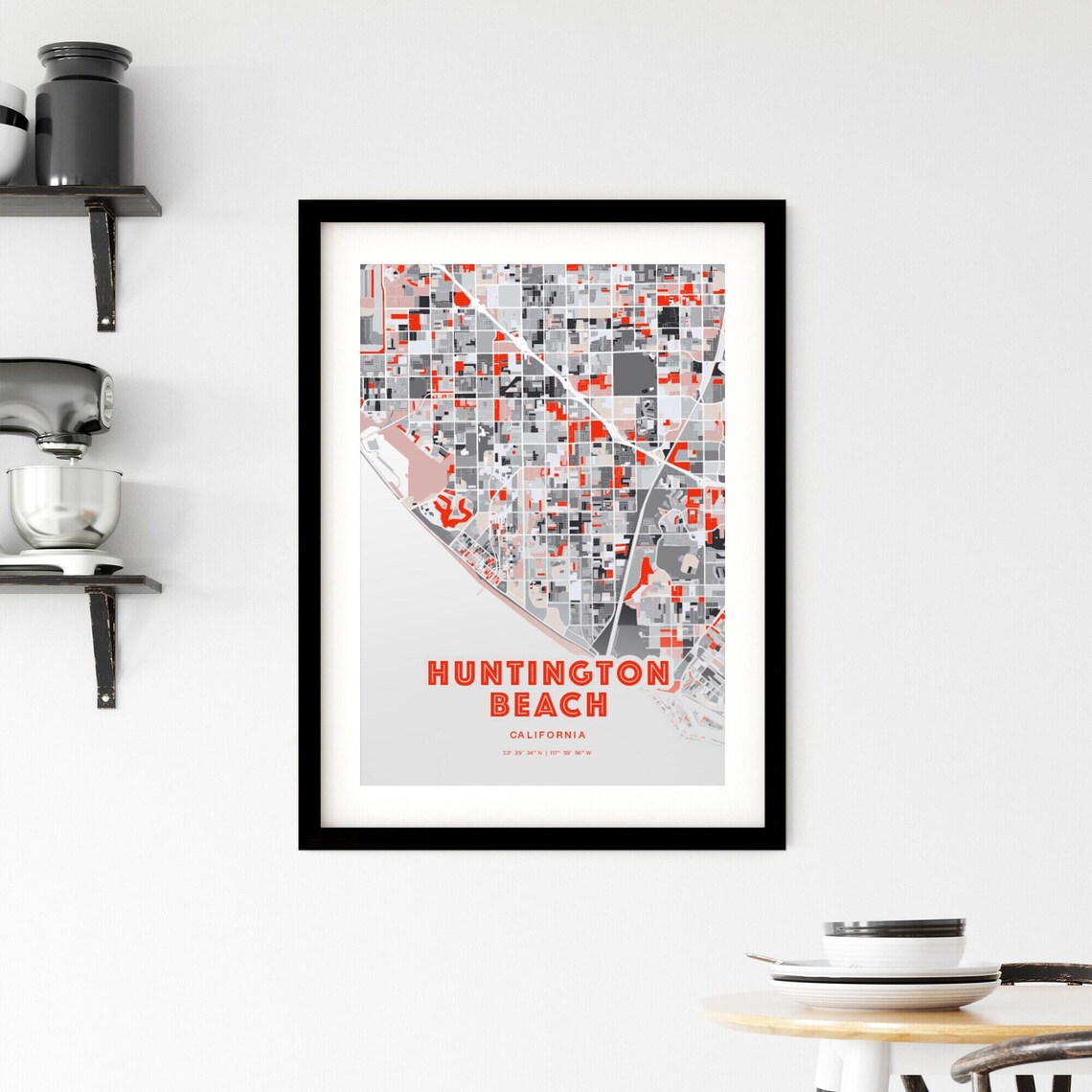 Huntington Beach California Expressive Red Abstract City Map Art Poster - Image 2