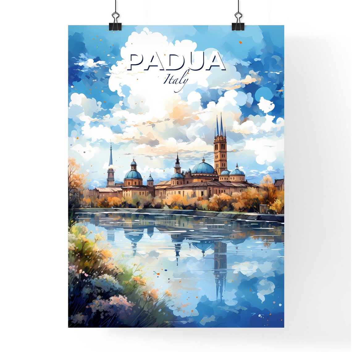 Padua Italy Watercolor Basilica Reflected In Blue River Poster - Image 4