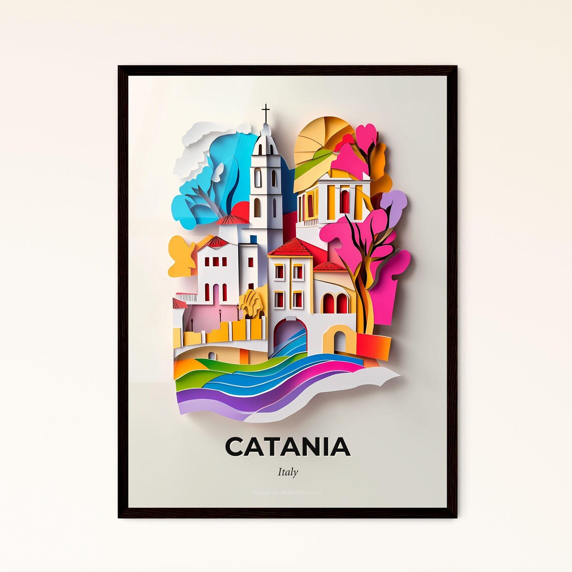 Catania Italy Colorful Paper Cut Church and Rainbow Waves Poster