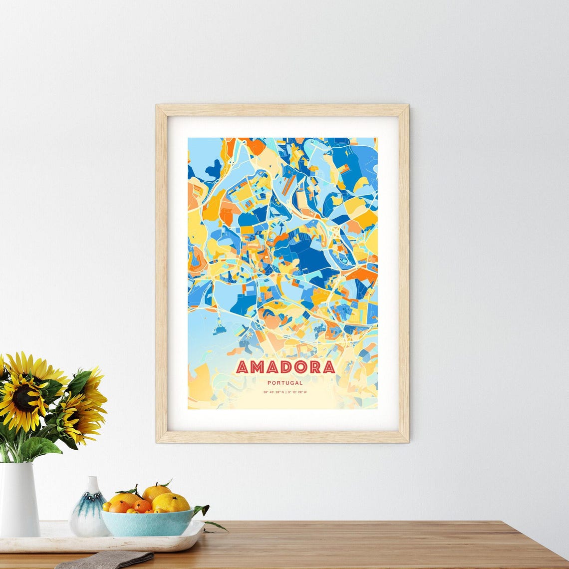 Amadora Portugal Modern Colorful City Map Blue Orange Poster - Image 2