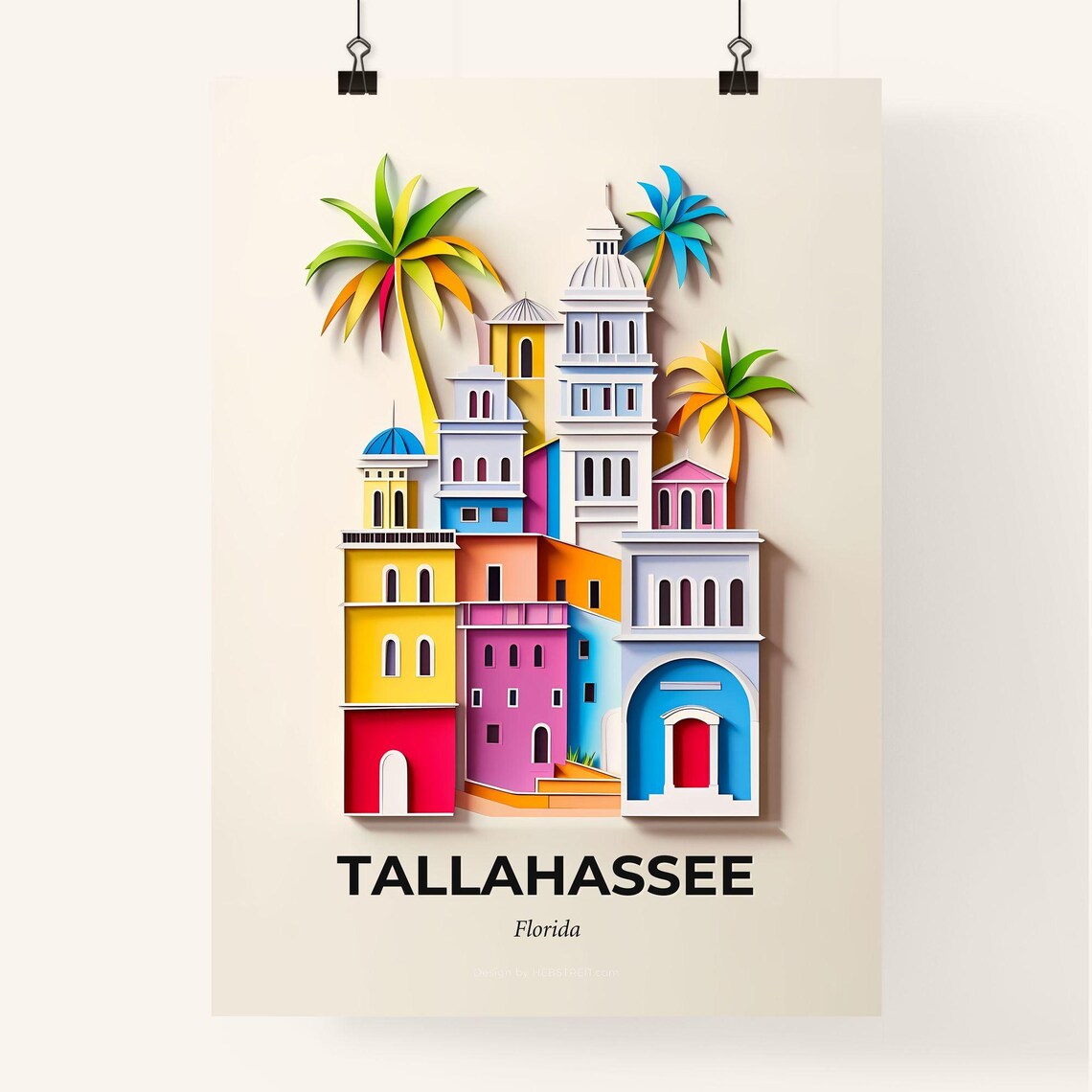 Tallahassee Florida Palms Towers Colorful Paper Cut Art Poster - Image 4