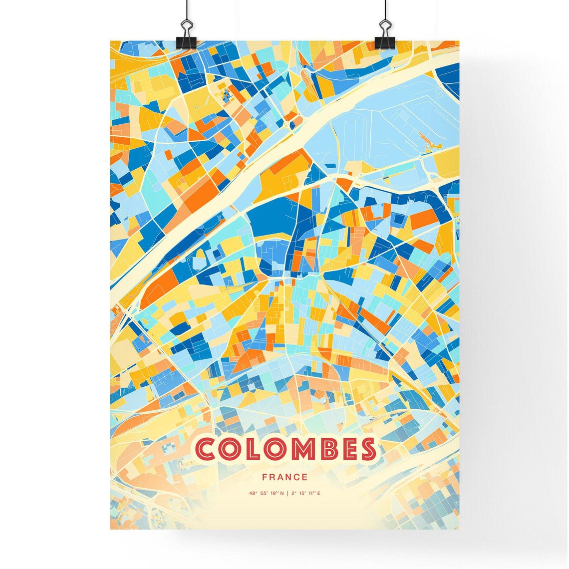 Colombes France Colorful Blue Orange Map Art Poster Wall Decor - Image 3