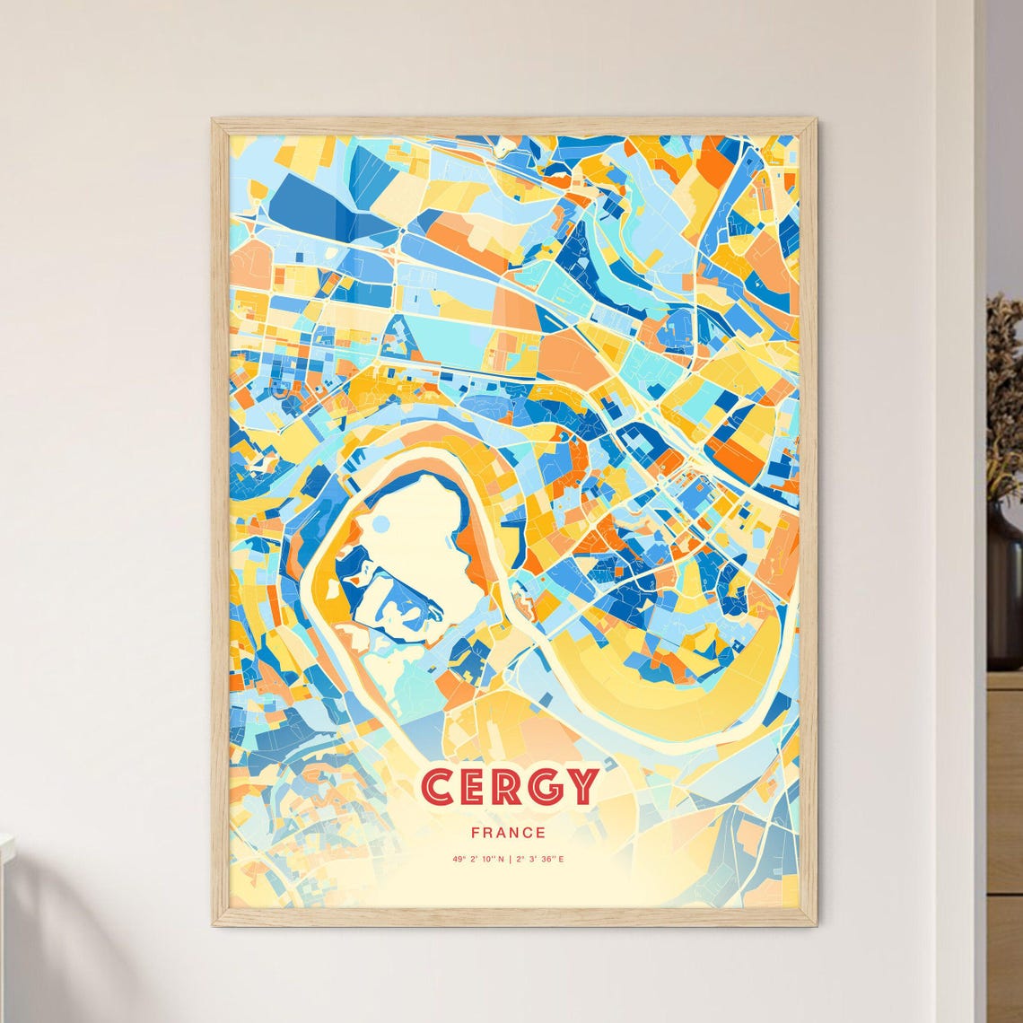 Cergy France Colorful Blue and Orange Retro City Street Map Wall Art