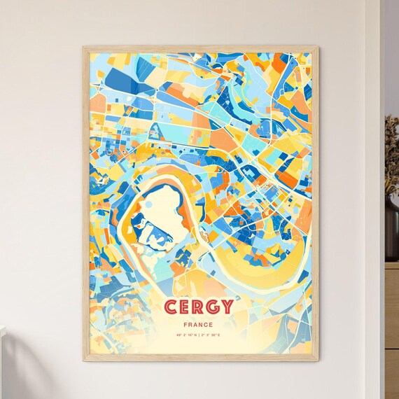Cergy France Colorful Blue and Orange Retro City Street Map Wall Art