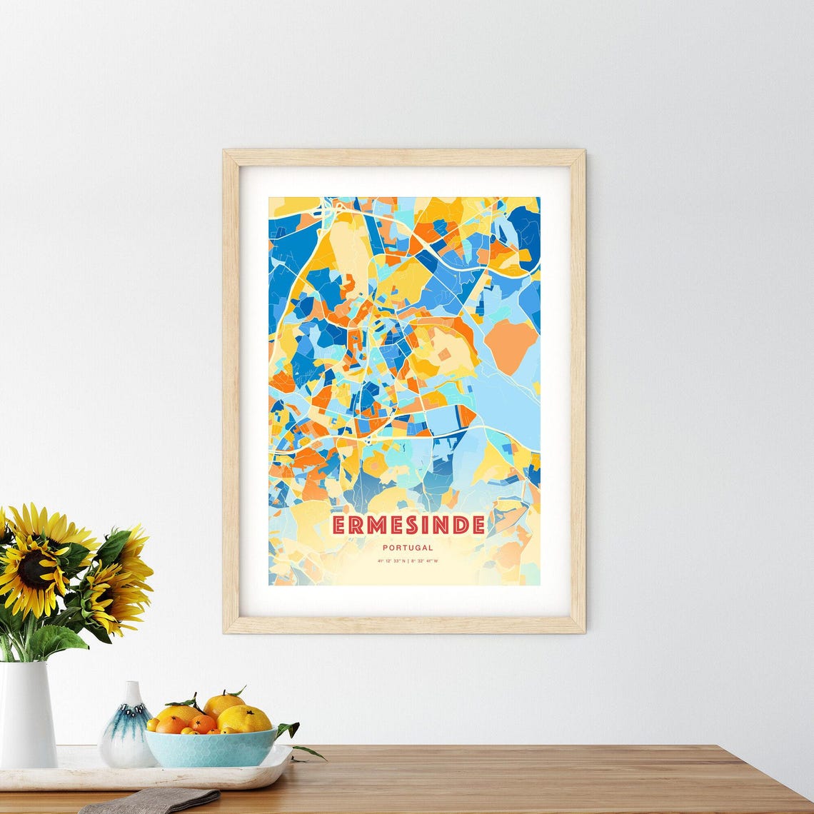 Ermesinde Portugal Colorful Blue Orange Map Art Poster Wall Decor - Image 2